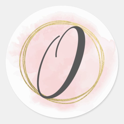 Letter O Monogram Blush Pink Aquarell Gold Chic Runder Aufkleber (Vorderseite)