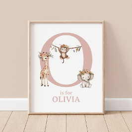 Letter O Monogram Floral Safari Animal Baby Wall Poster