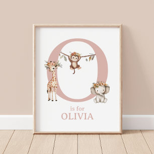 Letter O Monogram Floral Safari Animal Baby Wall Poster