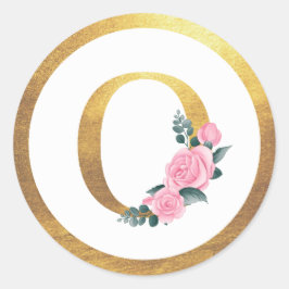 Letter O Monogram Pink Roses Floral & Elegante Gol Runder Aufkleber