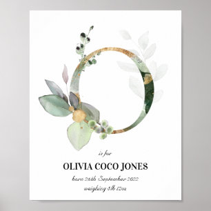 Letter O New Baby Monogram Birth Print Green Poster