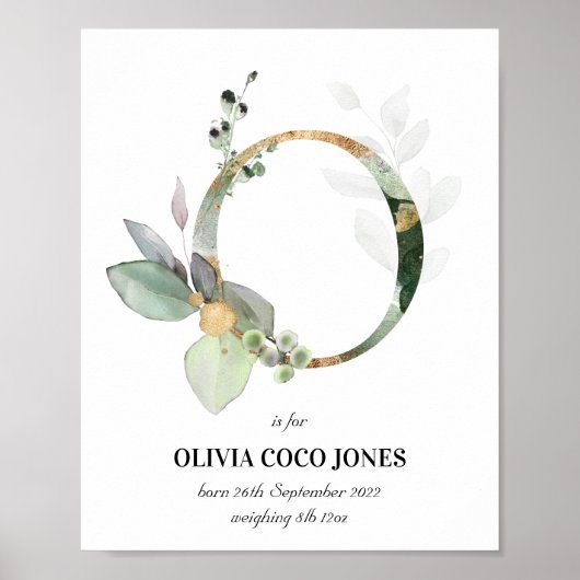 Letter O New Baby Monogram Birth Print Green Poster (Vorne)