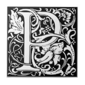 Letter P art nouveau schwarz-weiß Tile Fliese (Vorderseite)