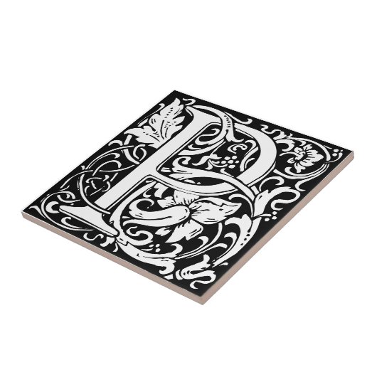 Letter P art nouveau schwarz-weiß Tile Fliese (Seite)