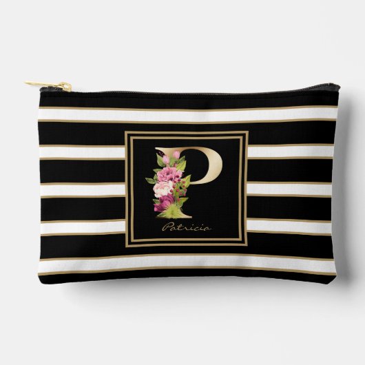 Letter P Floral Monogramm Schwarz-weiße Streifen Zubehörtasche (Vorderseite)