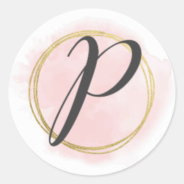 Letter P Monogram Blush Pink Watercolor Gold Chic Runder Aufkleber