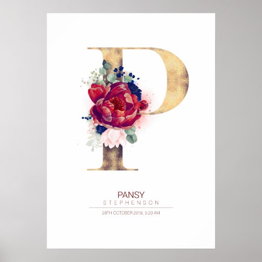Letter P Monogram Floral Navy Blue und Burgundy Poster (Vorne)