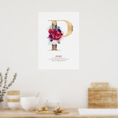 Letter P Monogram Floral Navy Blue und Burgundy Poster (Küche)