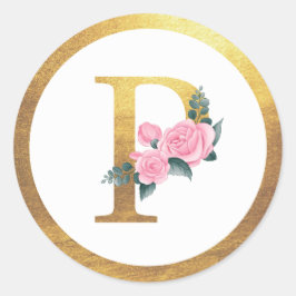 Letter P Monogram Pink Roses Floral & Elegante Gol Runder Aufkleber