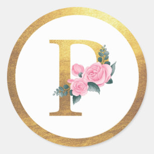 Letter P Monogram Pink Roses Floral & Elegante Gol Runder Aufkleber
