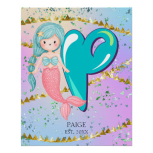 Letter P Monogram Watercolor Niedlich Mermaid Kind Poster