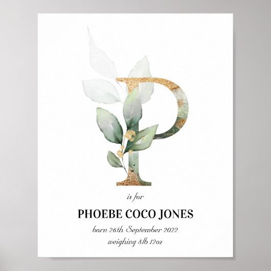 Letter P New Baby Monogram Birth Print Green Poster (Vorne)