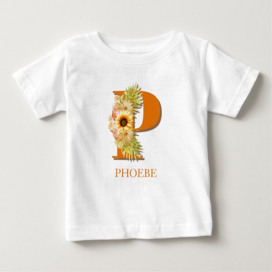 Letter P Sunflower Monogram mit Name Baby T-shirt (Vorderseite)