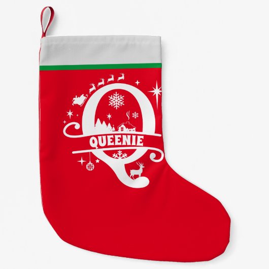 Letter Q Christmas Monogram, Anfangsname Red White Kleiner Weihnachtsstrumpf (Vorderseite)
