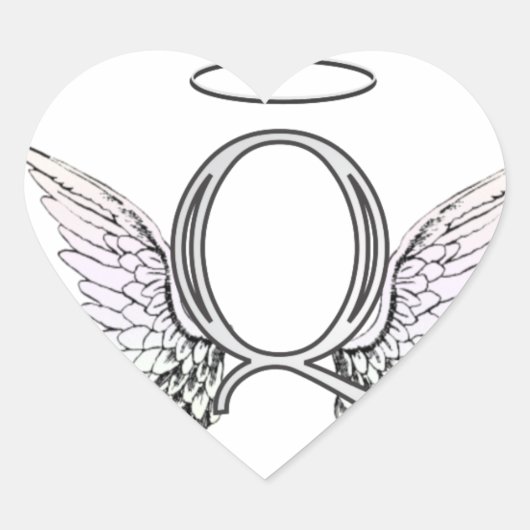 Letter Q Initial Monogram mit Angel Wings & Halo Herz-Aufkleber (Vorderseite)