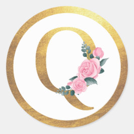 Letter Q Monogram Roses Floral & Elegant Gold Runder Aufkleber