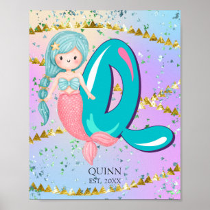 Letter Q Monogram Watercolor Niedlich Mermaid Kind Poster