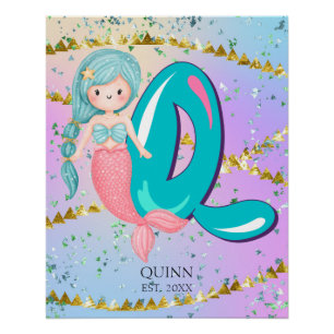 Letter Q Monogram Watercolor Niedlich Mermaid Kind Poster
