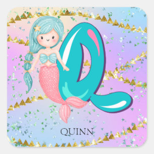 Letter Q Monogram Watercolor Niedlich Mermaid Kind Quadratischer Aufkleber