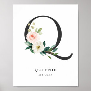 Letter Q Monogram Watercolor Peach Florals Kinderz Poster