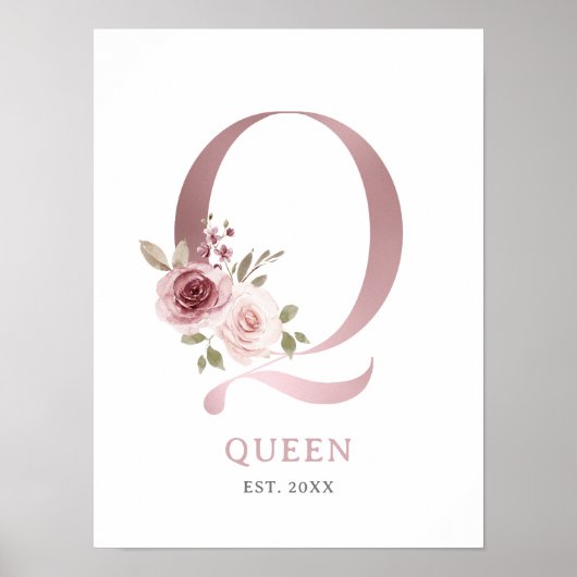 Letter Q Monogram Watercolor Rose Florals Kinderzi Poster (Vorne)