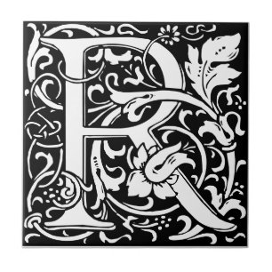 Letter R art nouveau schwarz-weiß Tile Fliese