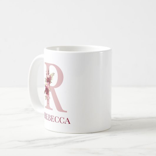 Letter R Burgundy Blush Floral Kaffeetasse (Vorderseite Links)