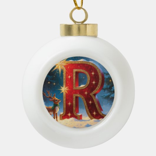 Letter R Christmas Reindeer Personalized Initial Keramik Kugel-Ornament (Vorderseite)