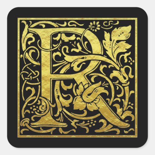 Letter R First Letter Imitats Gold Black Quadratischer Aufkleber (Vorderseite)