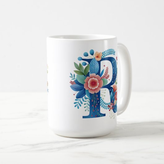 Letter R Floral coffee Mug with custom name Kaffeetasse (VorderseiteRechts)