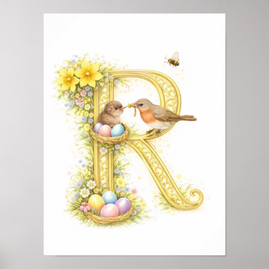 Letter R Gold Spring Nature Monogram Robins Kids Poster (Vorne)