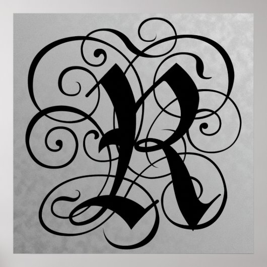 Letter R, Gothic Monogram Black Poster (Vorne)