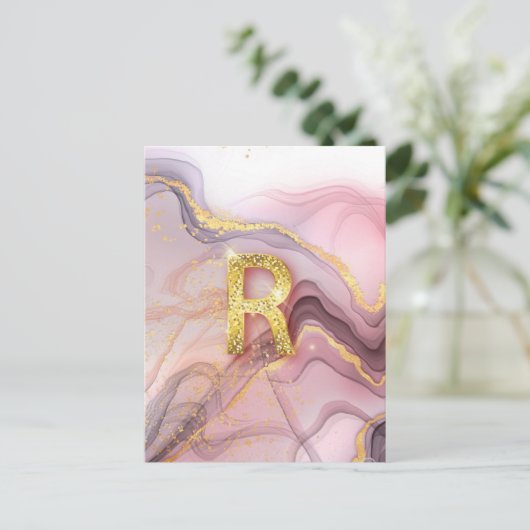 Letter R Hübsch Girly RoseGold Glitzer Rosa Marmor Postkarte (Stehend Vorderseite)