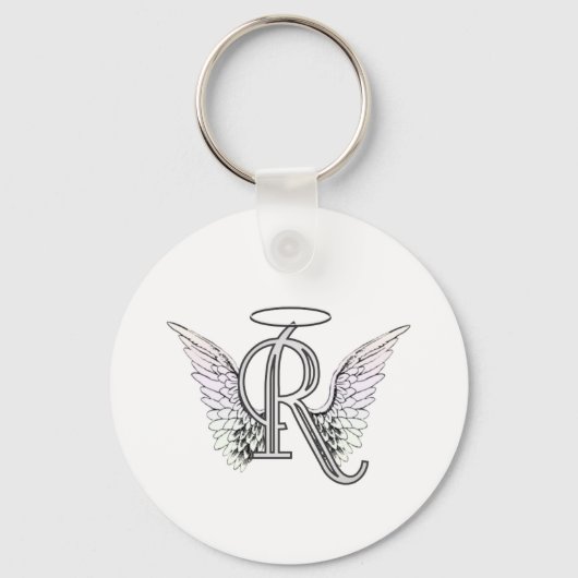Letter R Initial Monogram mit Angel Wings & Halo Schlüsselanhänger (Vorderseite)