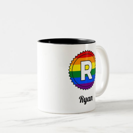 Letter R Initial & Name Gay Pride Rainbow Monogram Zweifarbige Tasse (VorderseiteRechts)