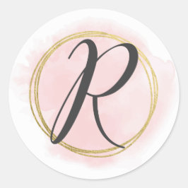 Letter R Monogram Blush Pink Watercolor Gold Chic Runder Aufkleber