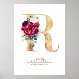 Letter R Monogram Floral Burgundy Red und Gold Poster