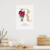 Letter R Monogram Floral Navy Blue und Burgundy Poster (Küche)