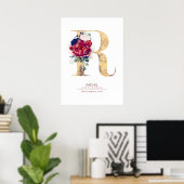 Letter R Monogram Floral Navy Blue und Burgundy Poster (Heimbüro)