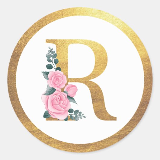 Letter R Monogram Roses Floral & Elegant Gold Runder Aufkleber (Vorderseite)