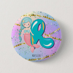 Letter R Monogram Watercolor Niedlich Mermaid Kind Button