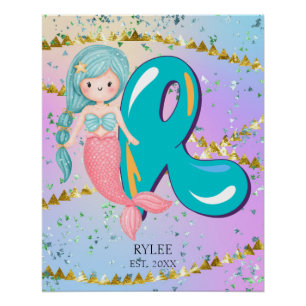 Letter R Monogram Watercolor Niedlich Mermaid Kind Poster