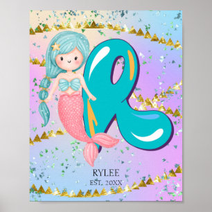 Letter R Monogram Watercolor Niedlich Mermaid Kind Poster
