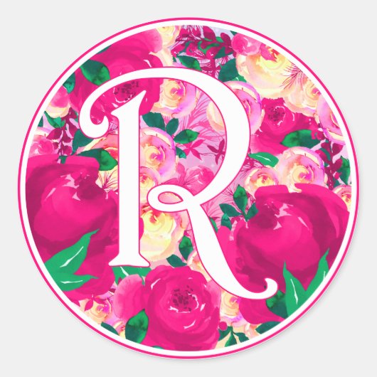 Letter R Pink Watercolor Floral Circle Monogram Runder Aufkleber (Vorderseite)