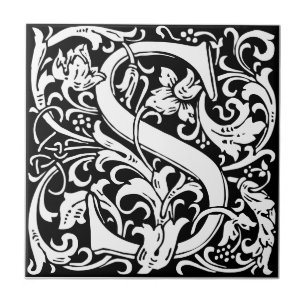 Letter S art nouveau schwarz-weiß Tile Fliese
