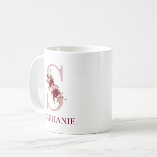Letter S Burgundy Blush Floral Kaffeetasse (Vorderseite Links)