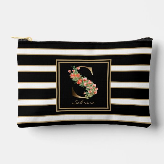 Letter S Floral Monogramm Schwarz-weiße Streifen Zubehörtasche (Vorderseite)