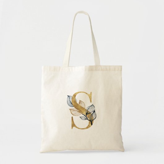 ** Letter S Gold Monogram Anfangs Black Leaves Tragetasche (Vorne)