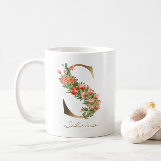 Letter S Gold Monogram Orange Florals Kaffeetasse (Mit Donut)
