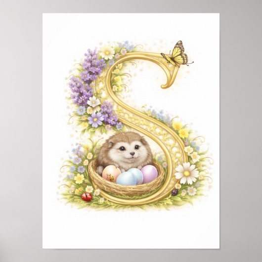 Letter S Gold Spring Nature Monogram Hedgehog Kids Poster (Vorne)